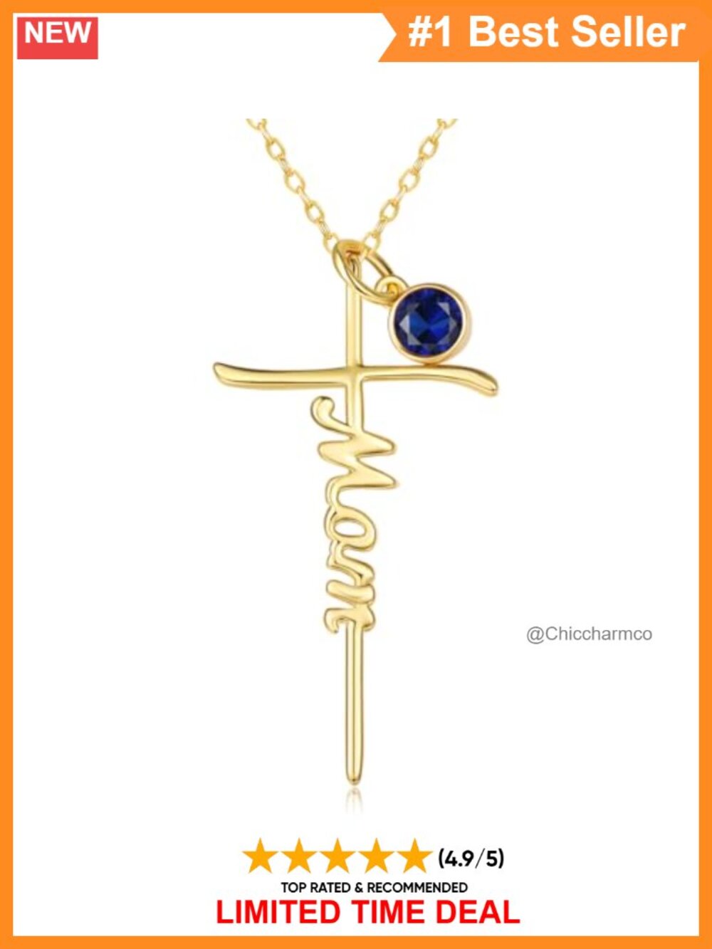 14K Gold Plated Mom Cross Necklace Sapphire Pendant 18-20 Inch Gift
